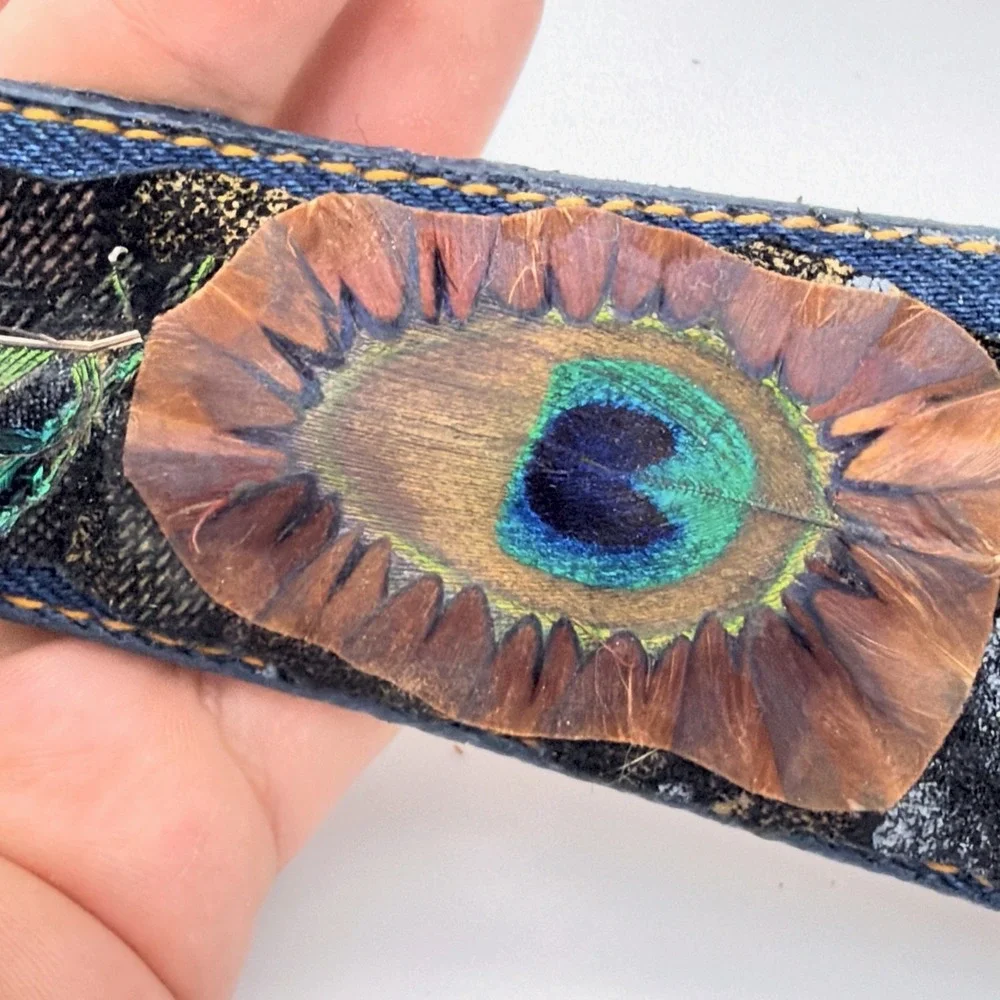 VTG Denim Leather Belt Peacock Feathers Leopard Silver Tone Buckle Adjustable